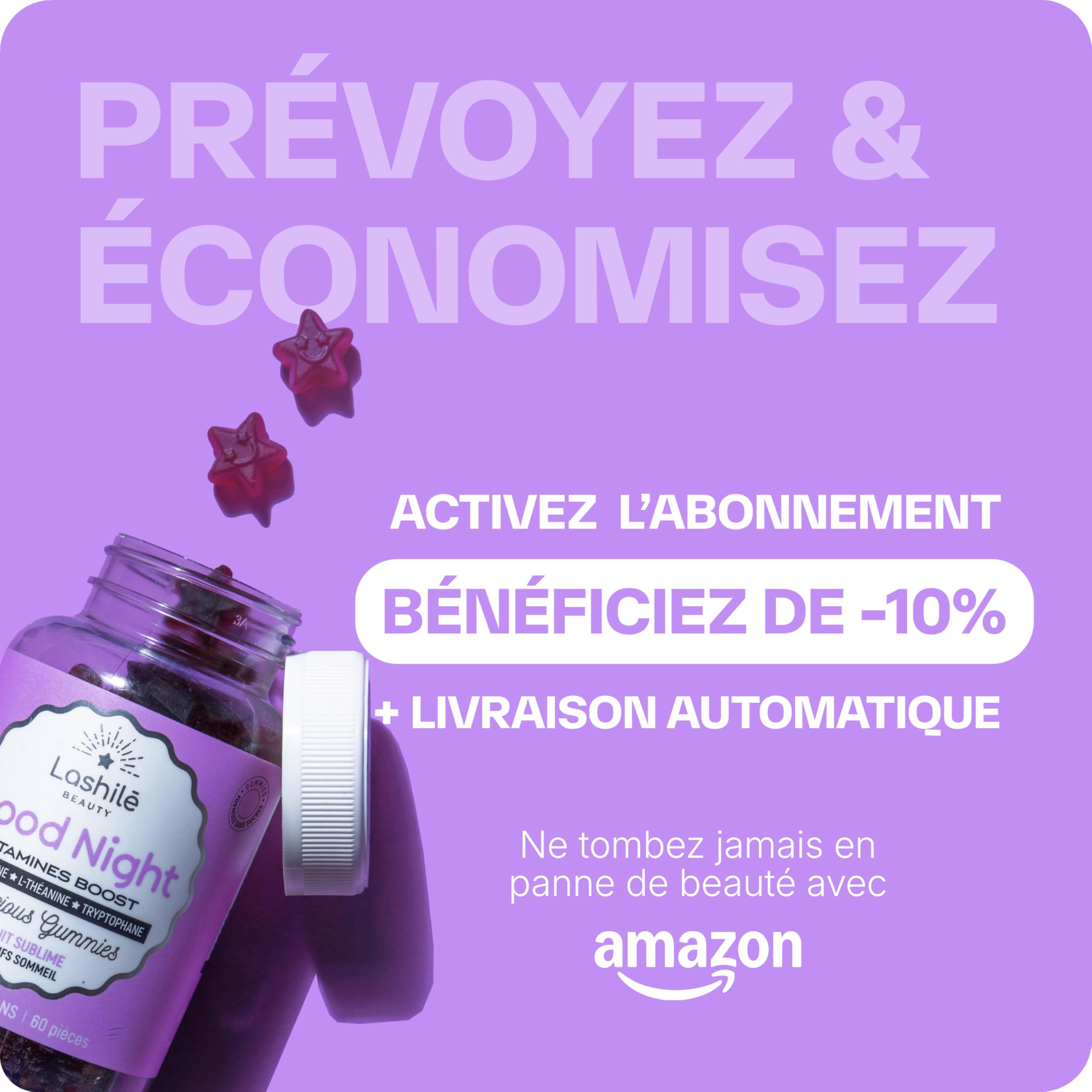 Lashilé Beauty - Gummies Sommeil Adulte - Favorise l'Endormissement et la Qualité du Sommeil - Good Night - Complement alimentaire - Mélatonine 1,9mg, Valériane - Cure 1 Mois 60 Gummies