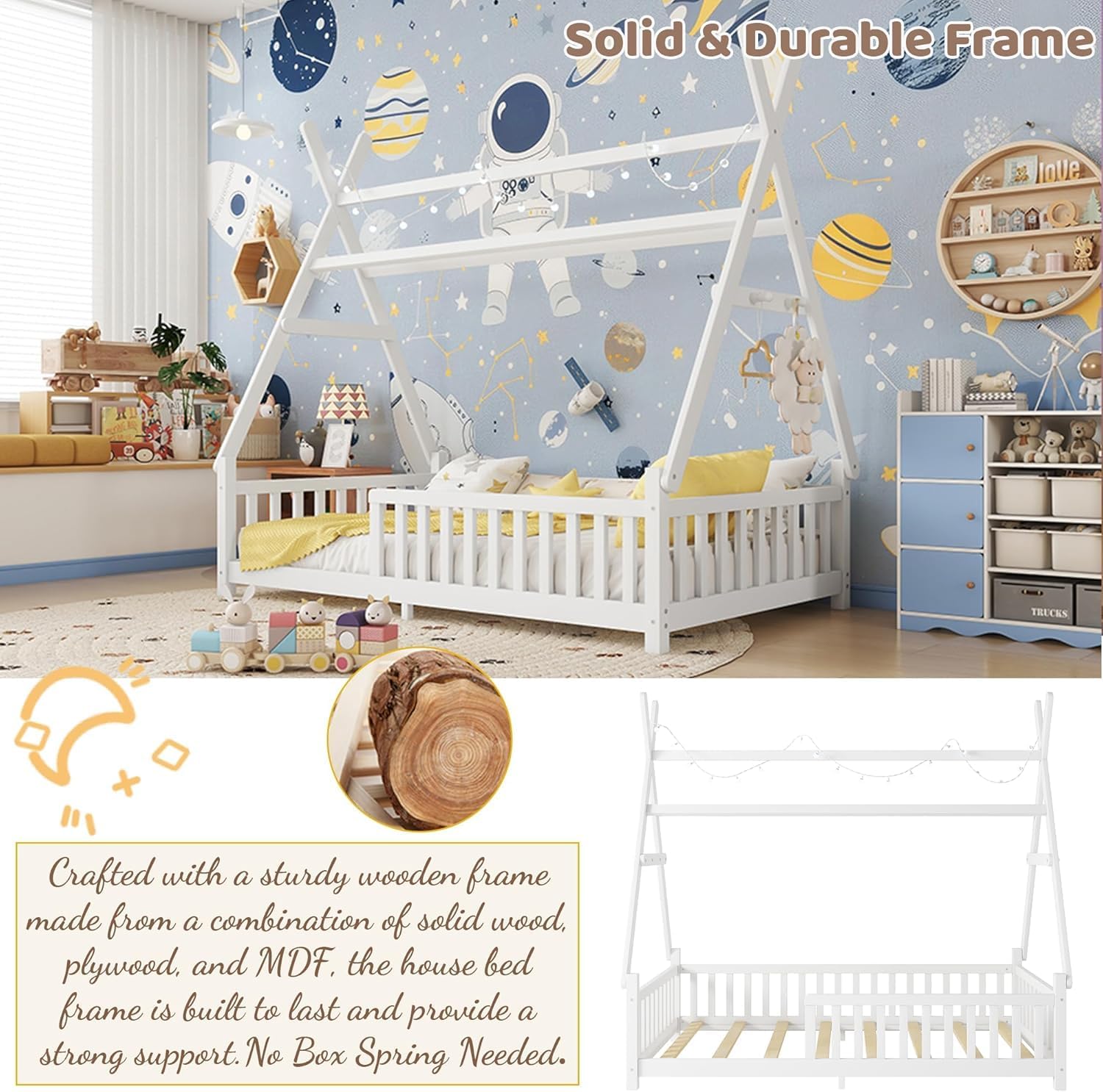 Twin Tent-Shaped Bed for Kids with LED Light, Teepee Floor Bed with Guardrails, Wooden Montessori Bed Frame with Slats Support for Toddler, White