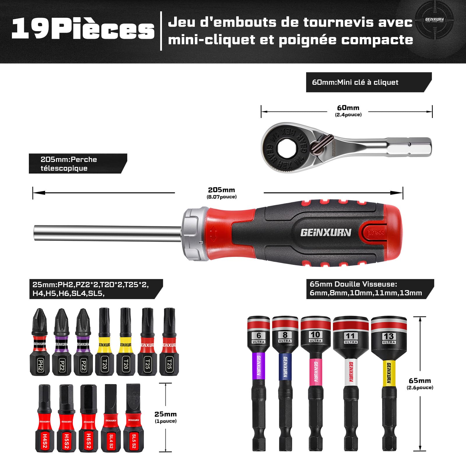 Geinxurn 19 Pièces Ensemble de Tournevis à Cliquet, Mini Clé à Cliquet, Poignée de Tournevis à Cliquet et Clé à Douille avec 12 Embout de Vissage à Choc, Ensemble d'outils à Main Portables