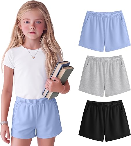 Halfchet 3 Pack Girls' Sweat Shorts Casual Athletic Sweatpants with Pockets Elas