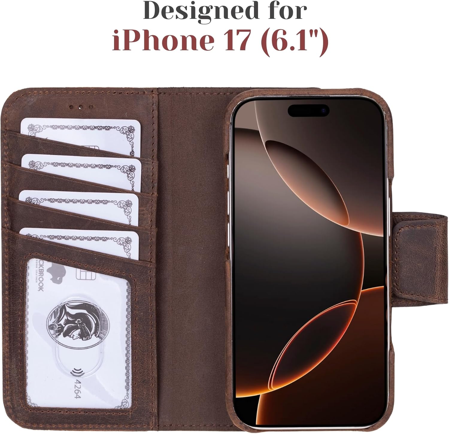 BLACKBROOK Wallet Case for iPhone 17 – Burkley 2-in-1 Detachable Folio, MagSafe Compatible, RFID Blocking – Full Grain Leather with Natural Patina, 3 Card Slots, Premium Gift Box