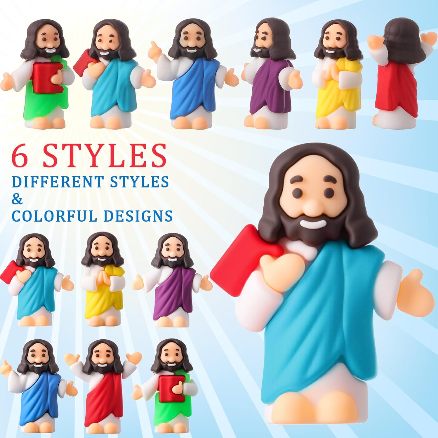 24 Pcs Little Jesus Figures to Hide and Seek Small Rubber Jesus Toys for Religious Party Favors Easter Egg Stuffers Sunday School Baptism Gifts, 6 Styles - Image 2