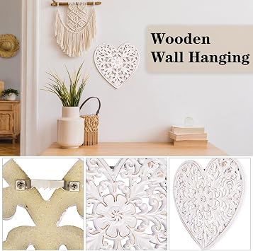 Wood Wall Panel Hanging Decor, 30*30cm Heart-shaped & Square Decorative Carved Floral-Patterned Distressed White, Rustic Wall Art Sculpture Home Wall Ornament for Hallway Living Room Cafe Office