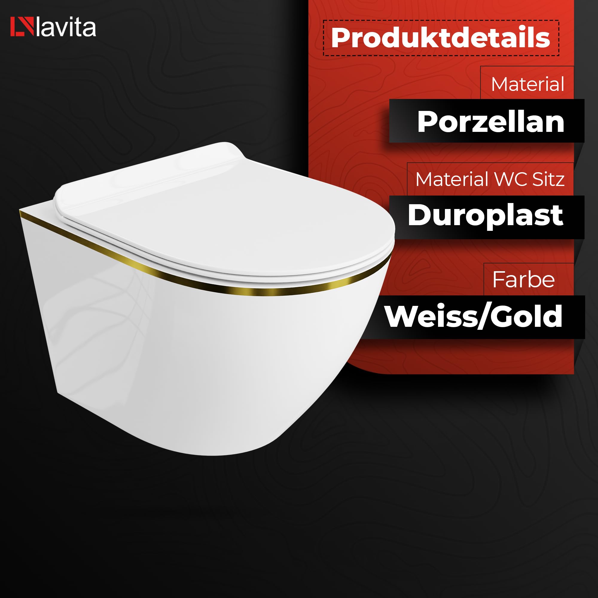 Lavita Vorwandelement Solido Start + Wand Hänge WC Sofi Slim Gold Line Spülrandlos + WC Sitz mit Absenkautomatik Verchromter Knopf Komplettset Unterputz Spülkasten Toilette Komplett Sett WC