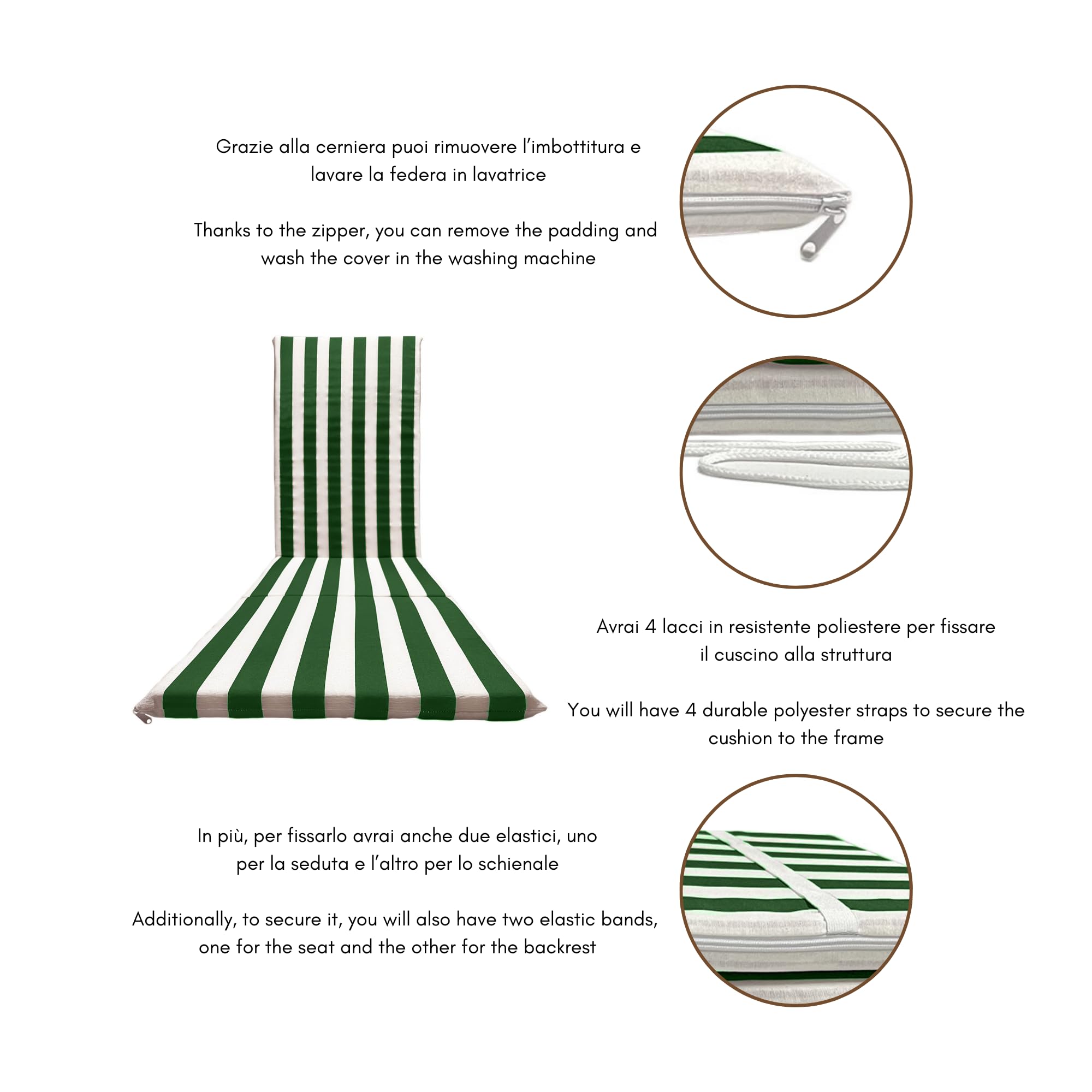 Il Tuo Artigiano Design Cuscino Imbottito per Sdraio Mare da Giardino 165x50x3,5 cm Made in Italy - Ricambio Materassino a Righe sedia Sdraio in Legno (Bianco e verde)