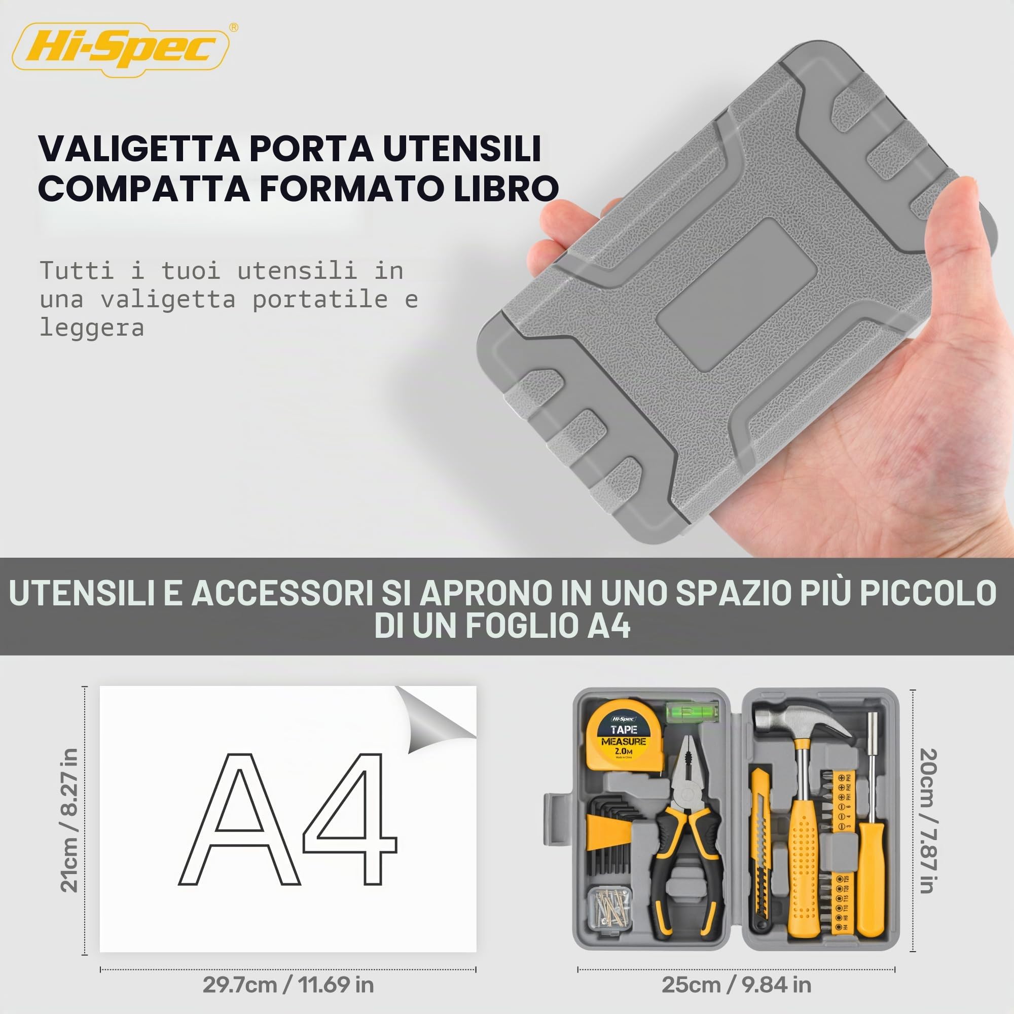 Hi-Spec Set Attrezzi, Cassetta Attrezzi Completa Compatta per Casa e Ufficio, Kit Fai da Te per Riparazioni Domestiche di Base, 25 Pezzi in Valigetta Portatile, Giallo
