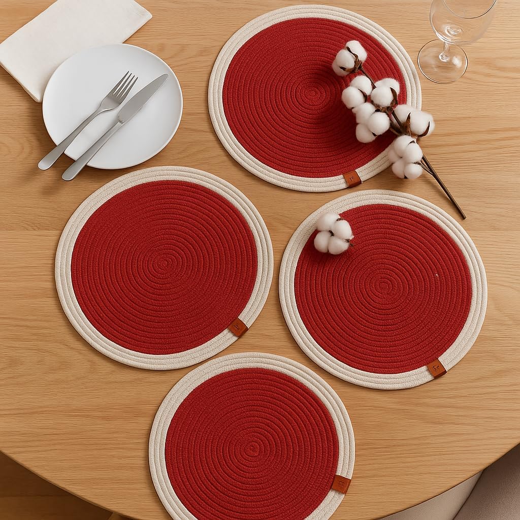 Cotton Rope Placemats, Round Red with White Border, Set of 4, Heat Resistant Table Mats