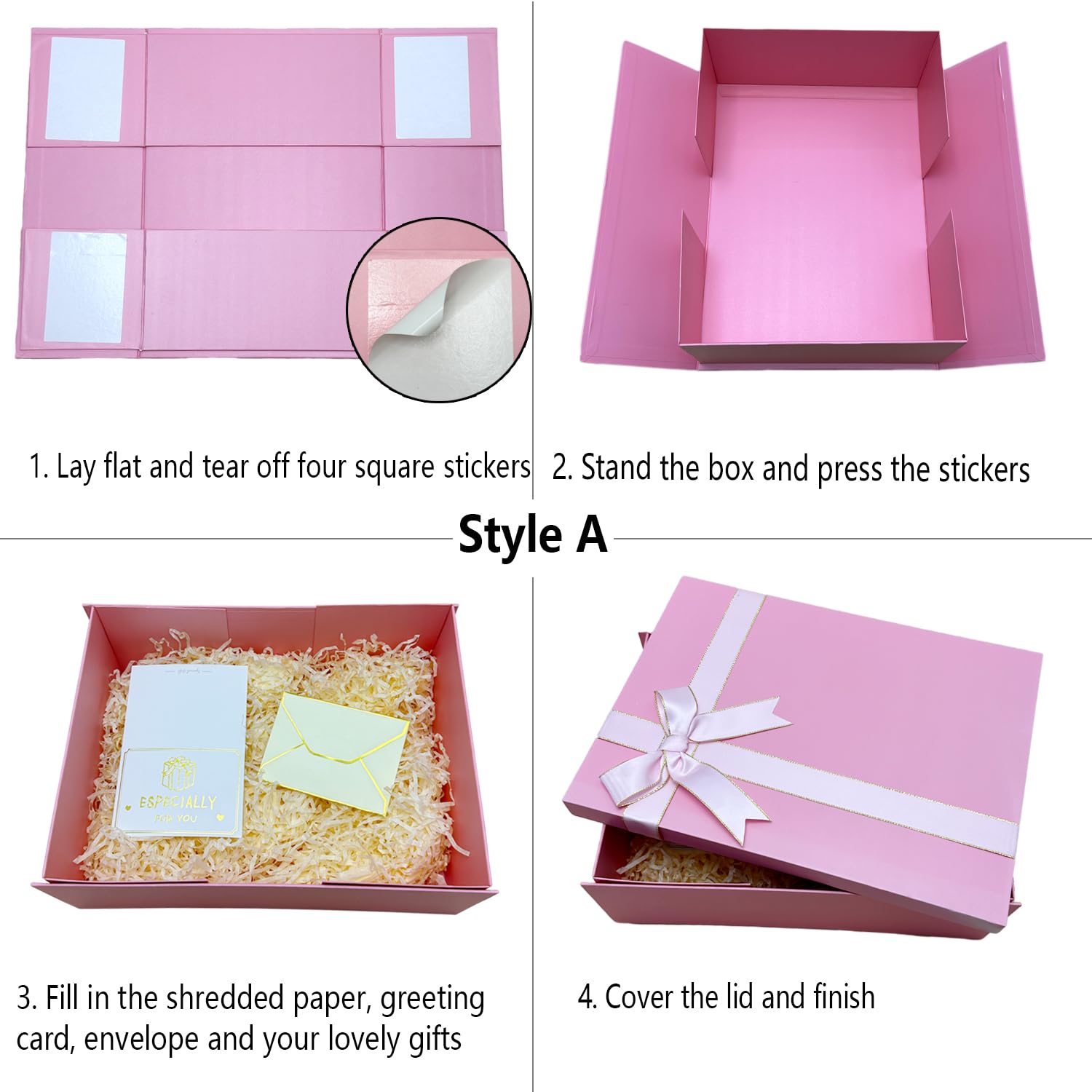 MSLHUB Boîte Cadeau Avec Couvercle 28x20x9 Cm - Noire Avec Nœud, Carte Et Raphia Pour Anniversaire Mariage Noël