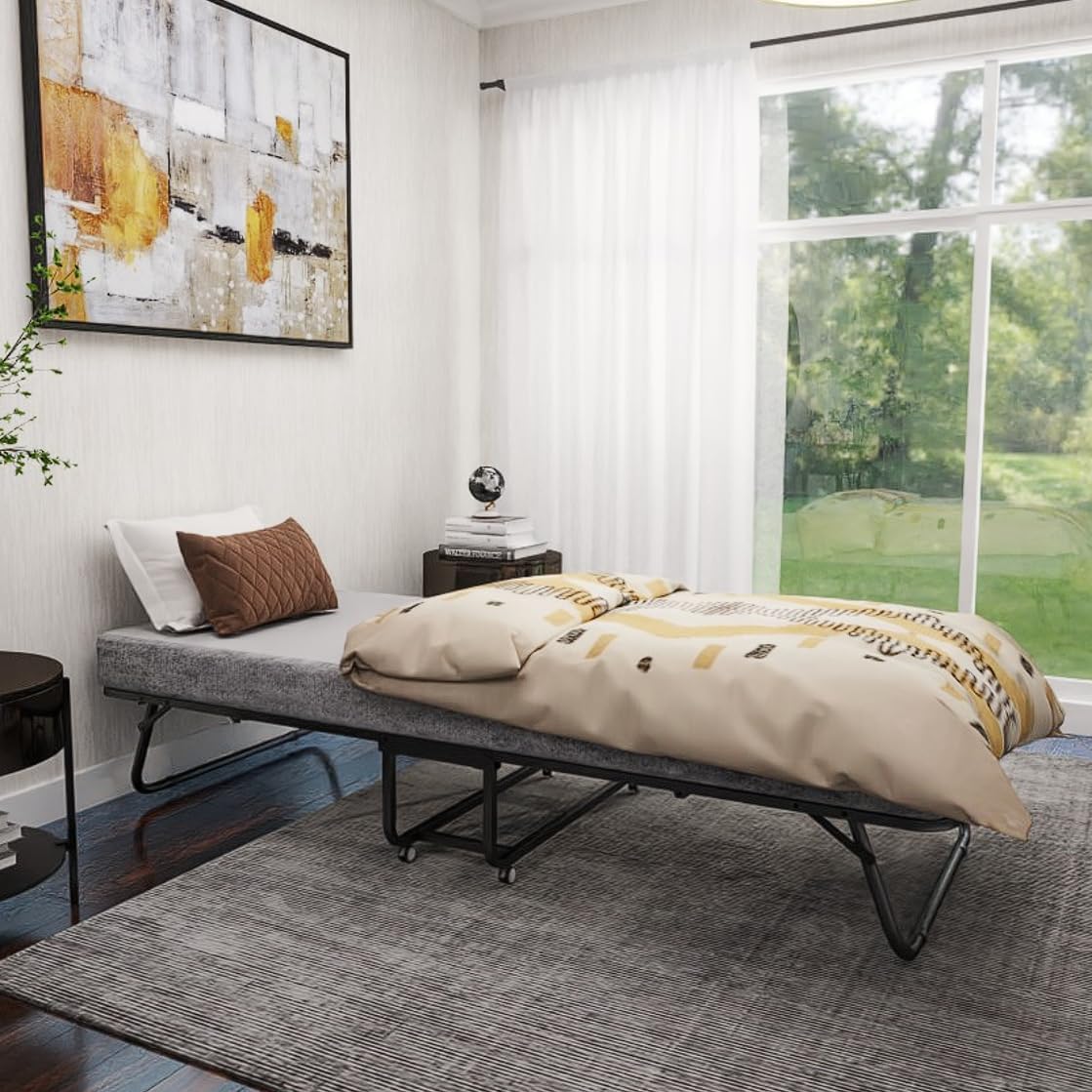 FIVMEN Klappbett 90x200 cm Bett Feldbett Gästebett Klappbar mit 13cm Dicker Schwamm Matratze Tragbar Bettgestell Reisebett mit 4 Laufrollen, bis 200 kg Belastbar
