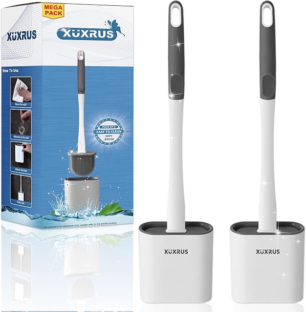 XUXRUS Silicone Toilet Brush with Quick Drying Holder Set -2Pack, Bathroom Toilet Brushes Set with No-Slip Silicone Handle & Anti-drip Base (Flooring/Wall Mounted) -White