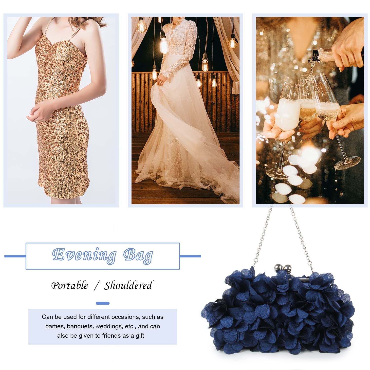 SUKUTU Pochette de Soirée pour Femme Fleur Sac à Main de Soirée Femme Mariage Chaîne Sac à Bandoulière Sac à main
