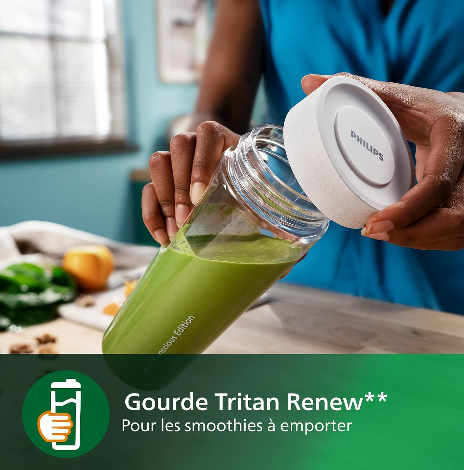 Philips Blender mixeur Série 3000 - Collection Eco Conscious, Technologie ProBlend, gourde de 0.6L Blend&Go, lames en inox, 350W, Plastiques 100% biosourcés, blanc soie mat (HR2500/00)
