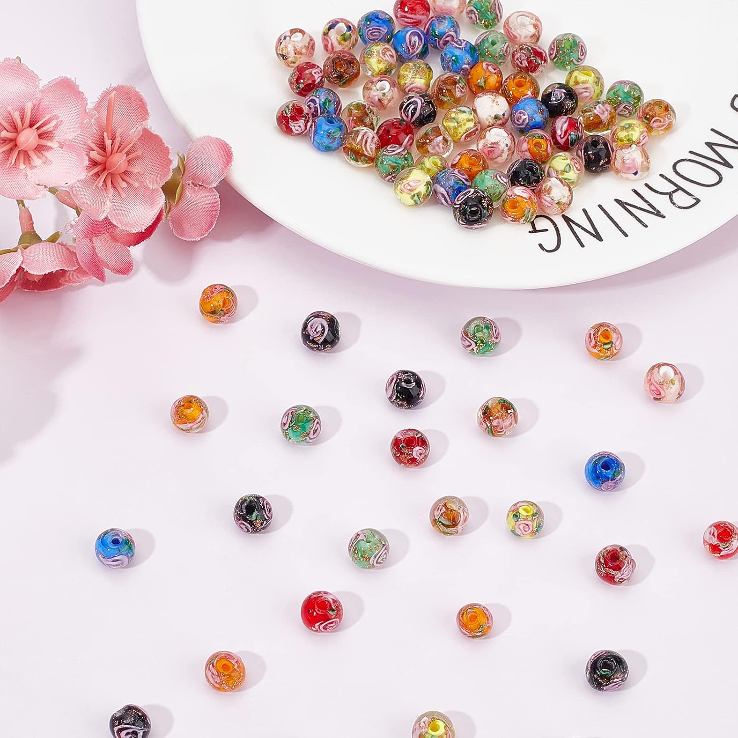 OLYCRAFT 80pcs 8mm Gold Sand Lampwork Beads - 8 Colors - Round, Flower Shaped - Glass - Craft Bead - Image 5