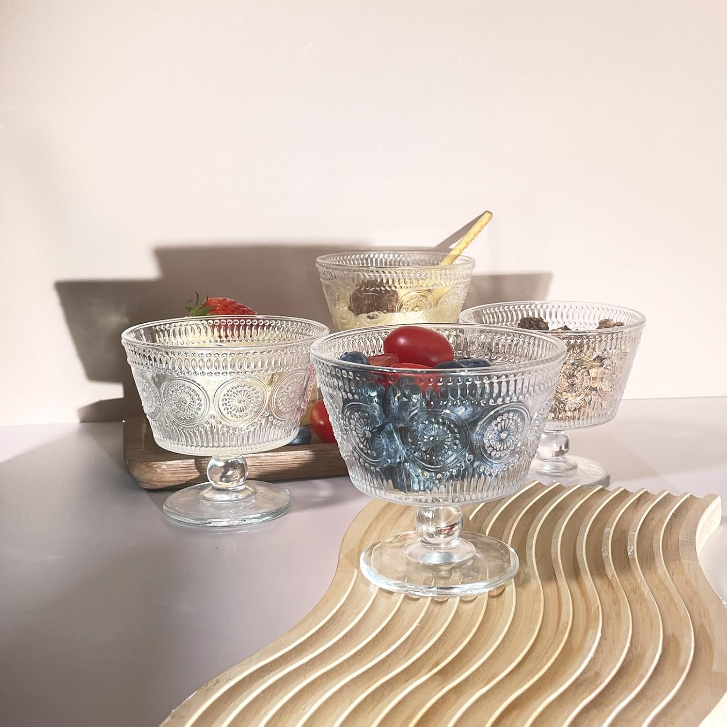 Vintage Glass Dessert Bowls, Set of 12, 9oz Glass Ice Cream Sundae Cups with Vintage Sunflower Pattern, Ideal for Ice Cream, Sorbet, Fruit, Salad, Yogurt, and Appetizers (12PCS), a-1037