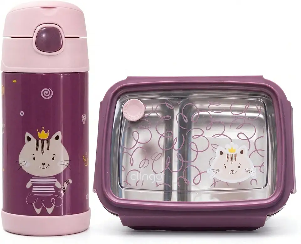 Kit Garrafa Térmica Infantil + Bento Box Inox 2 Divisórias Hermética