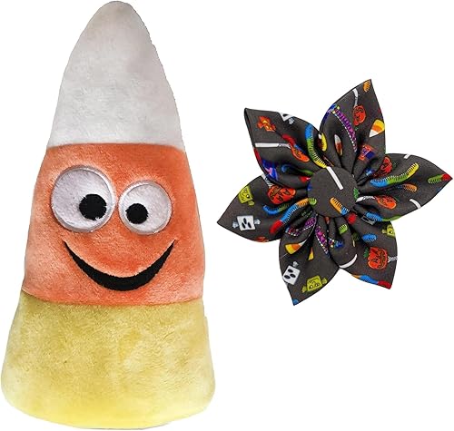 Huxley & Kent Paquete de perro de Halloween Kookie Korn y pequeño molinillo de caramelo espeluznante Juguete de peluche para perro y collar de