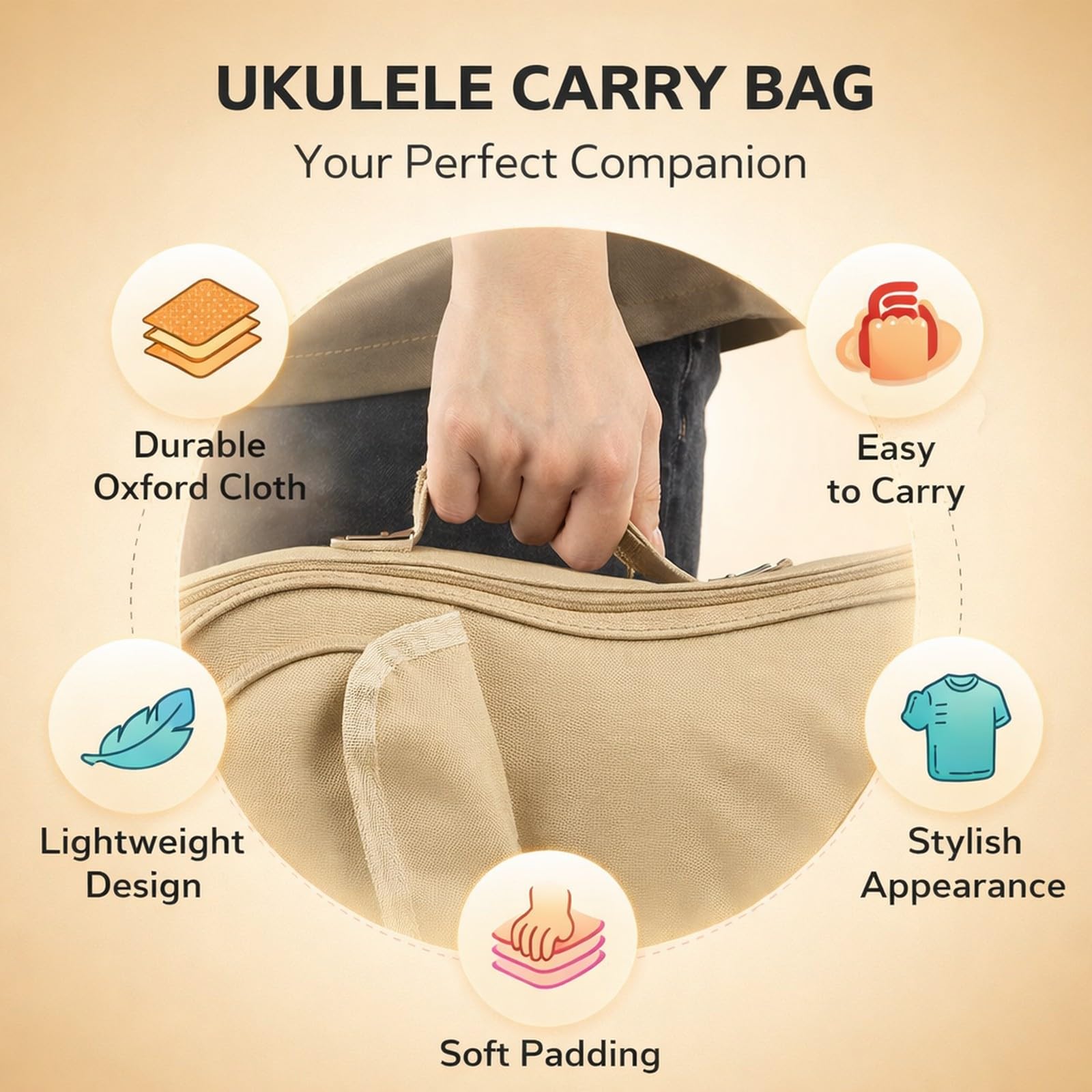 Housse pour Ukulélé 24 Pouces, Beige, Oxford Imperméable avec Bretelles Réglables - Protection Anti - Choc, Poche Externe Pratique, Transport Facile