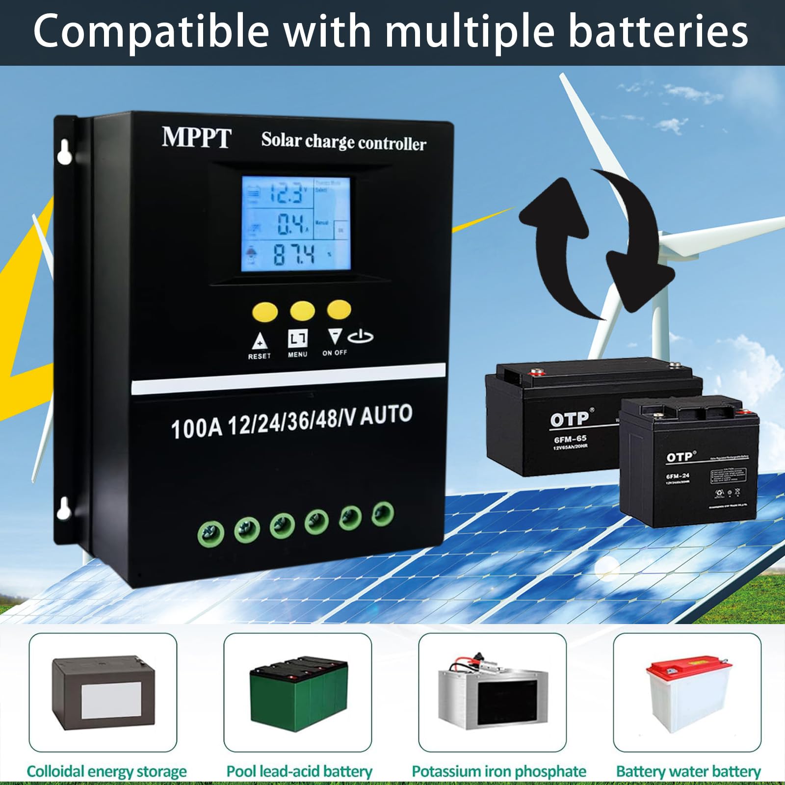 Régulateur de Charge Solaire MPPT, MPPT 100A Contrôleur de Charge Solaire 12V 24V 36V 48V Auto Écran LCD Batterie Régulateur Intelligent Double USB pour Plomb et au Lithium Batteries
