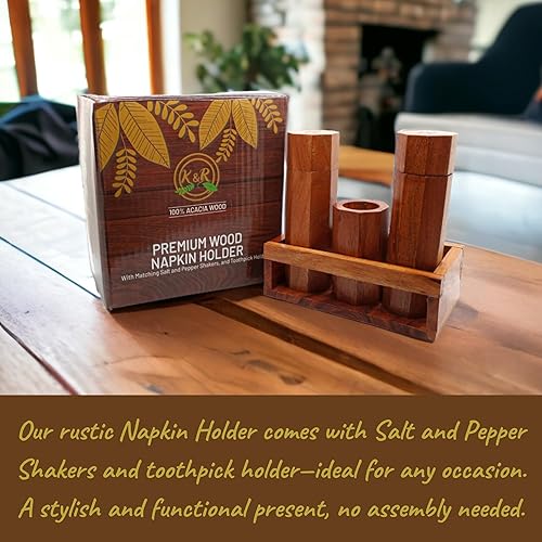 Miniatura 9 de K & R Servilletero de madera con salero y pimentero - Juego de 4 piezas rústico de mesa de cocina con soporte para palillos de dientes - Organizador