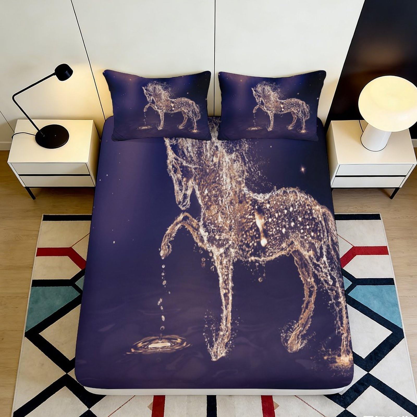 Jqzkxnhpbr Style-9 3D Printed Golden Horse Fitted Sheet Microfiber Soft Bedroom Decor Artistic Bed Cover For Adult Teen Mattress Protection 90X200x25cm