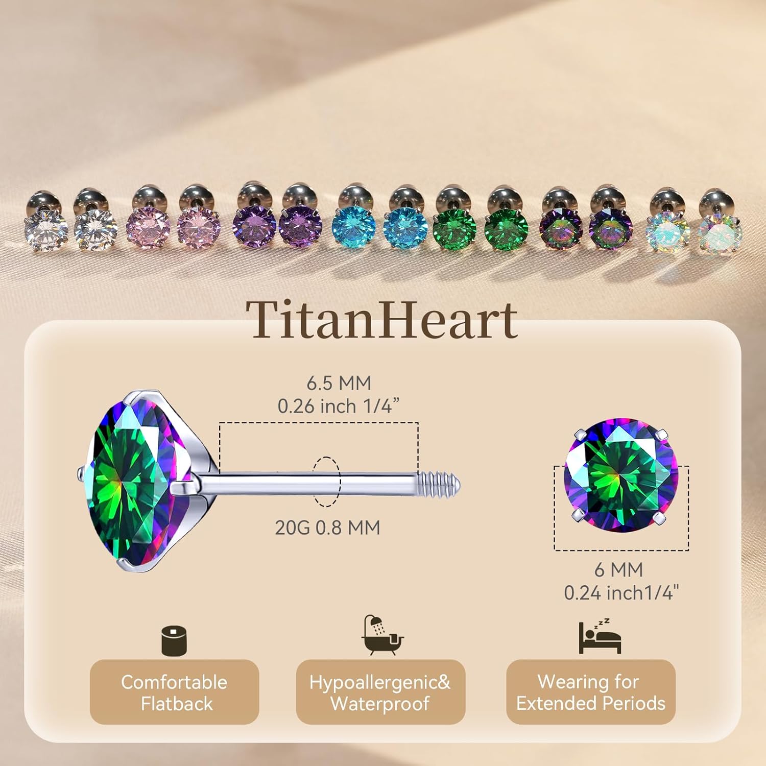 G23 Titanium CZ Stud Earrings, Hypoallergenic F136 Implant Grade Titanium Screw Back Simulated Diamond Earrings for Sensitive Ears, 6mm 5A Cubic Zirconia Stud Earrings for Women - Image 6