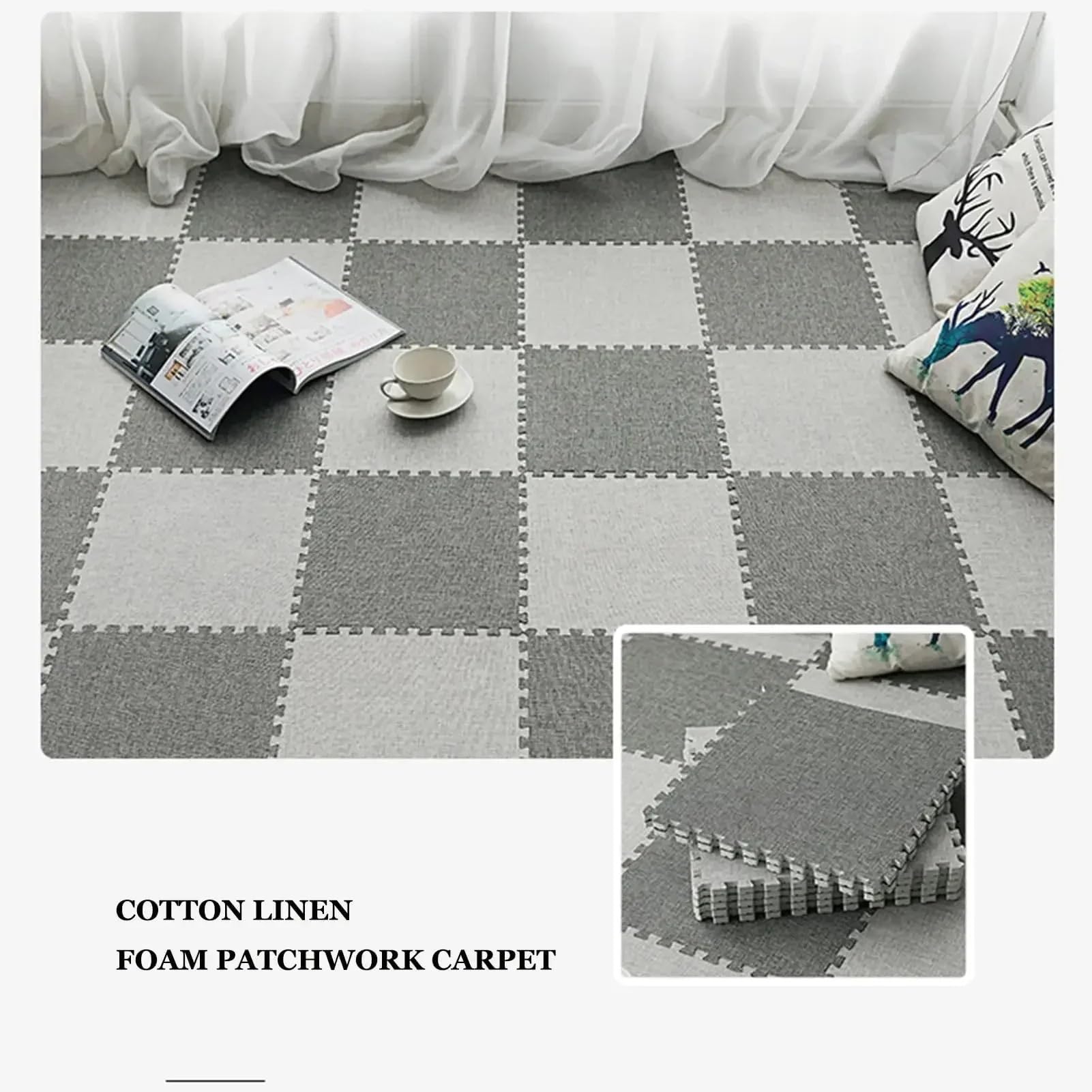 Tappeto puzzle in lino da 20 pezzi, imbottitura in schiuma EVA adatta for la decorazione della stanza, 30 * 30 cm(Gray-blue)