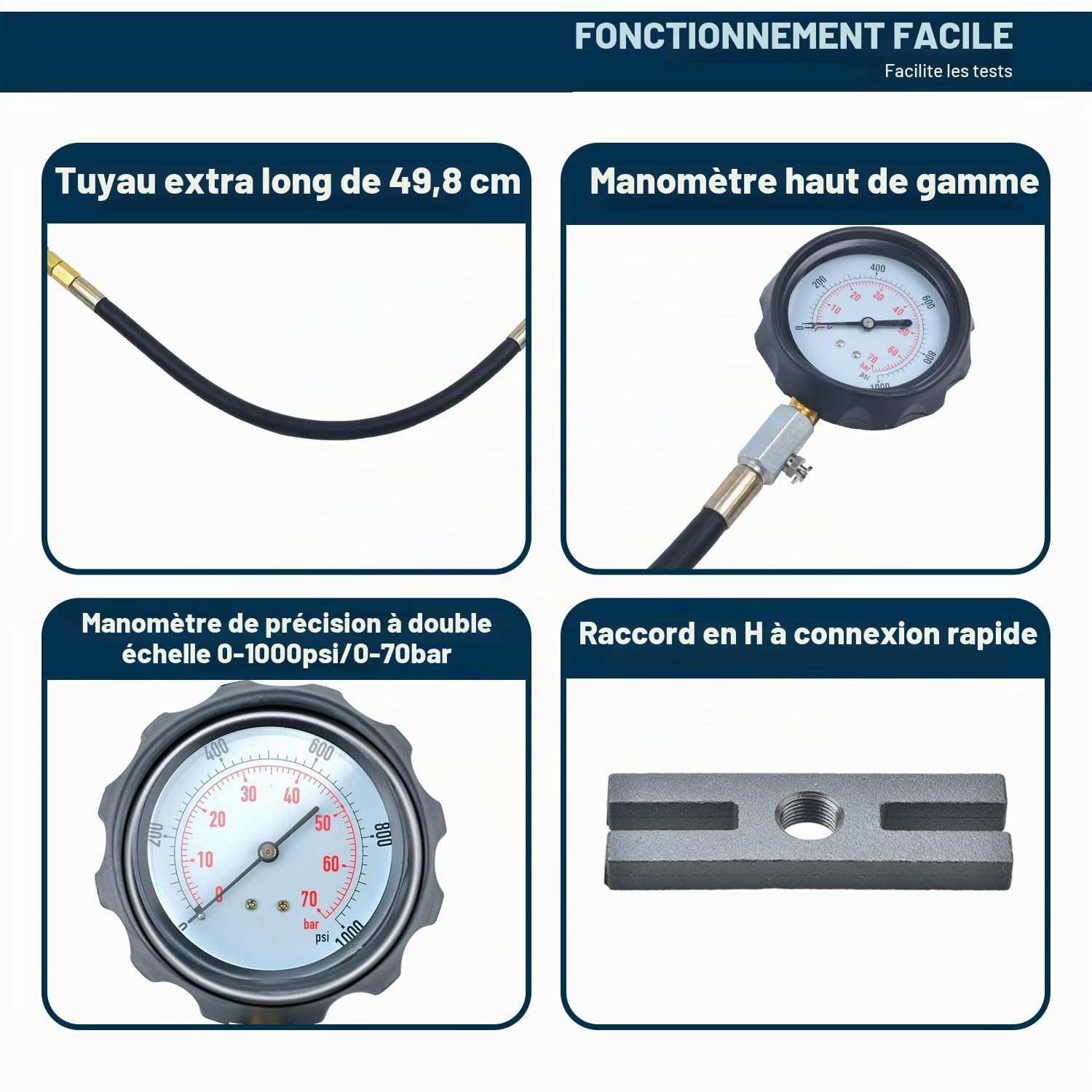 18 pièces Kit de test de compression pour moteur Diesel Manomètre de test pour moteur Diesel