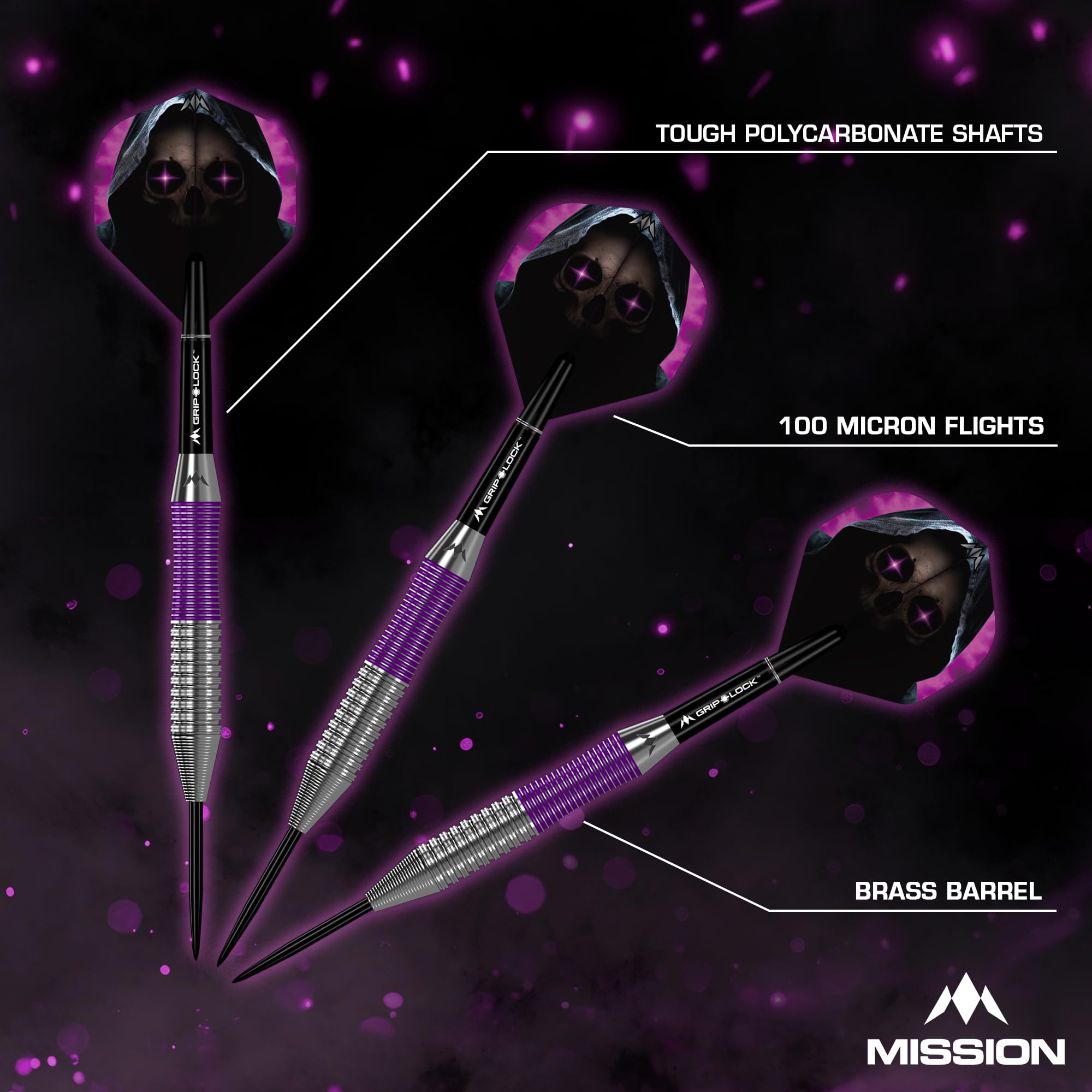 Mission Darts | Rzutki Phantom | Srebrne i fioletowe | Mosiężna tuleja | Zestaw rzutków ze stalową końcówką | 22g.