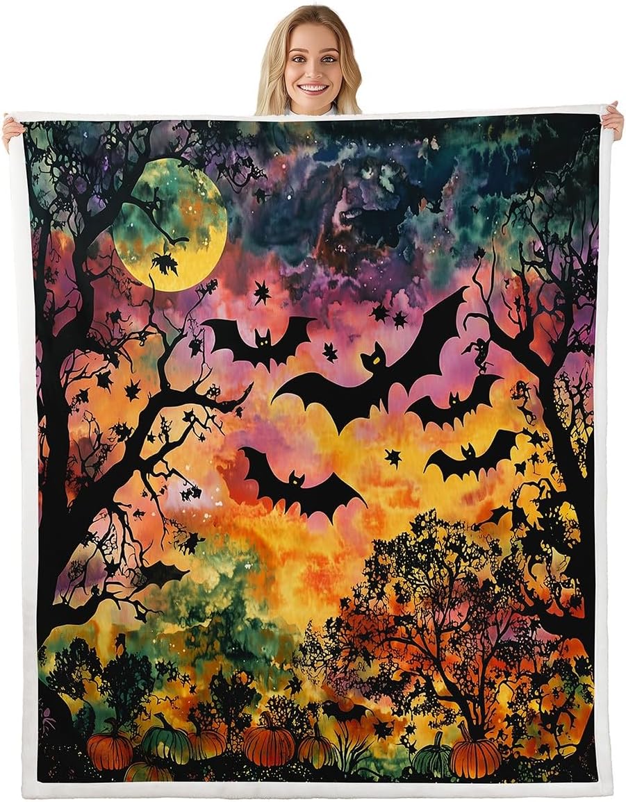 Watercolor Halloween Flannel Blanket,Cartoon Bat Animal Pumpkin Print Fuzzy Blanket for Children,Stars Moon Galaxy Trees Plant Tie Dye Polyester Throw Blanket for Couch, Twin Size (60 x 80 Inch)