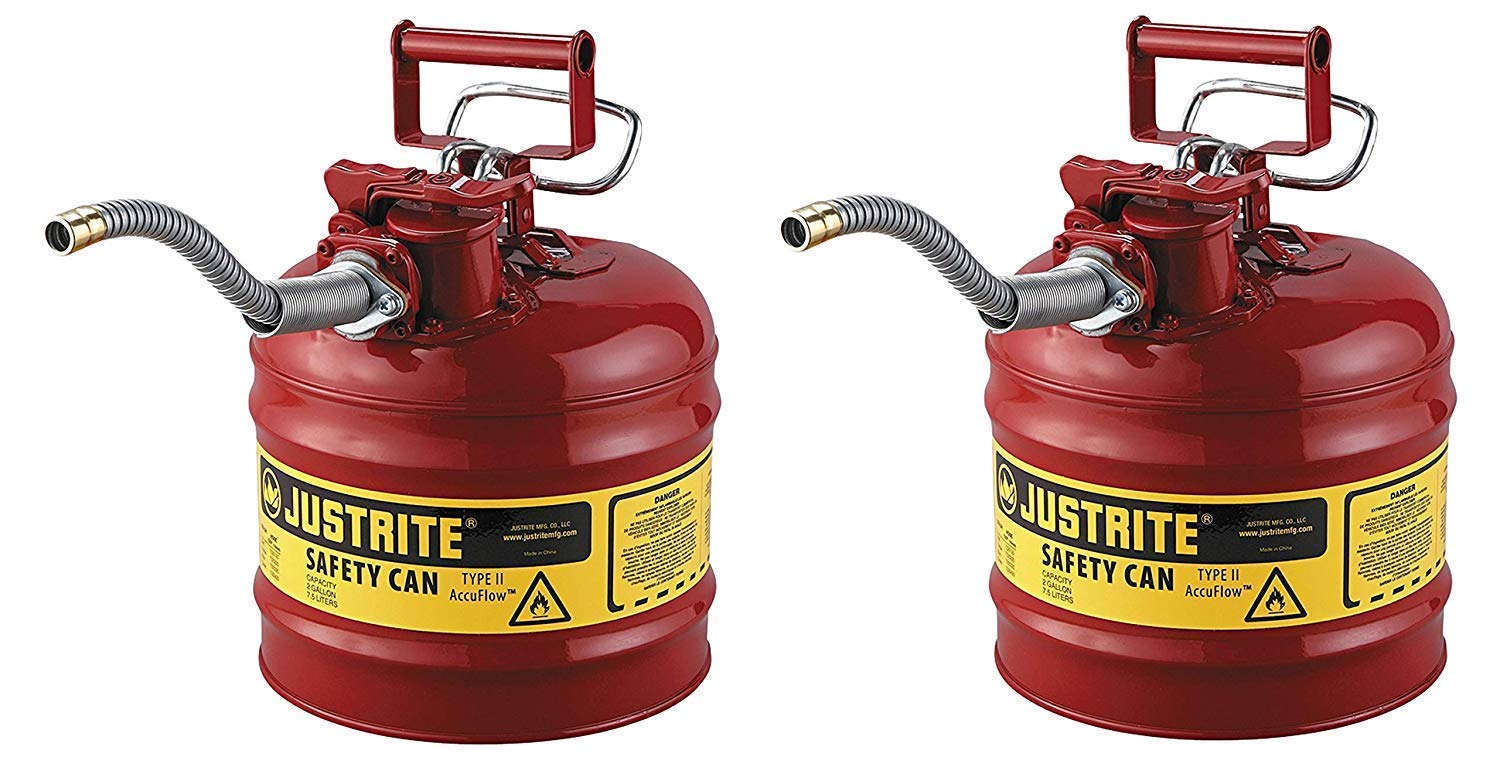 Justrite 7220120 - Galvanized Steel, AccuFlow Type II Red Safety Can with 5/8" Flexible Spout, Large ID zone, Meets OSHA & NFPA For Handling Hazardous liquids. 2 Gallon (7.5L) Size. (Pack of 2)