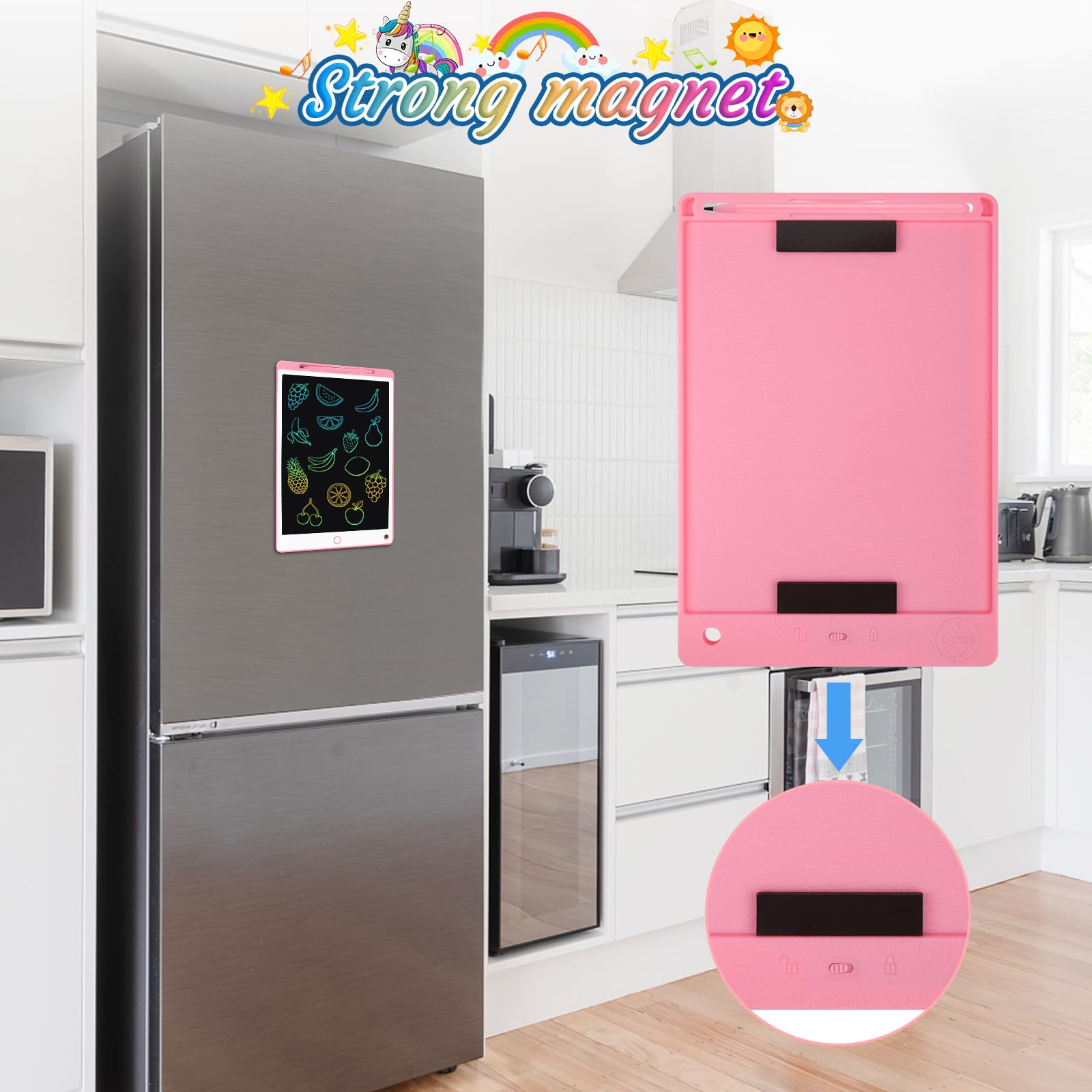 Tablette Dessin Enfant 10.5 Pouces Écriture LCD avec Bouton Suppression Interrupteur Verrouillage Rose