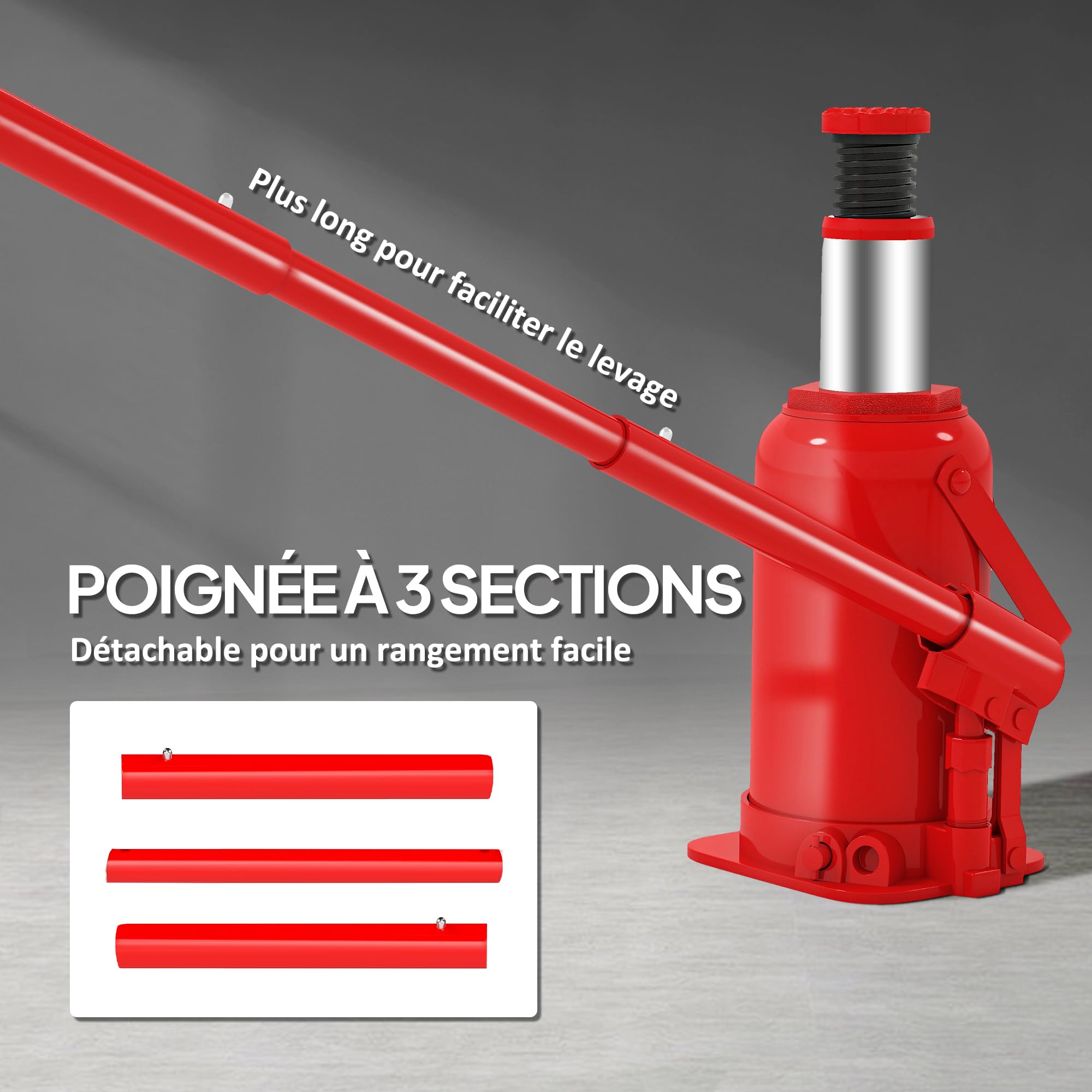 HOMCOM Cric Bouteille hydraulique 12 T, cric hydraulique à Bouteille Gamme de Levage 190-370mm avec Longue poignée et Selle, pour Pick-up, Camion, Camping-Car, réparation Automobile, Rouge