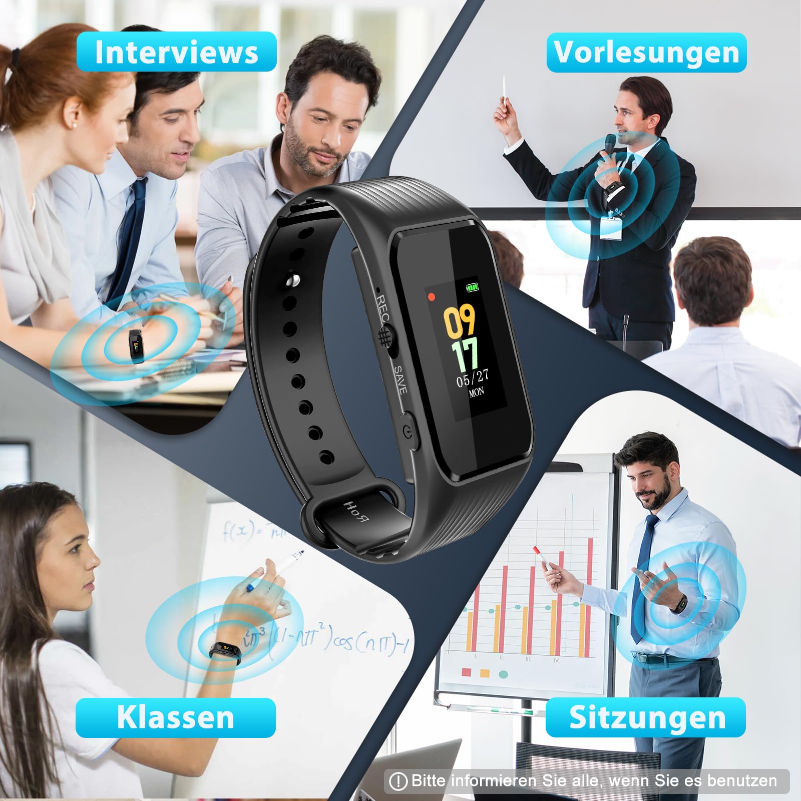 64GB Armband-Diktiergerät – Passwortschutz, EIN-Knopf-Aufnahme, 1536KB HD-Zeitgesteuerte Aufnahme, Sprachaktivierter Aufnahmegerät mit DSP-Rauschunterdrückung für Meetings Interviews Klassen