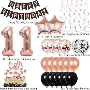 Balloon 11th Birthday Decoration Rose Gold Black Birthday Decoration 11 Years Cake Decoration Birthday 11 Girl Happy Birthday 11 Girl