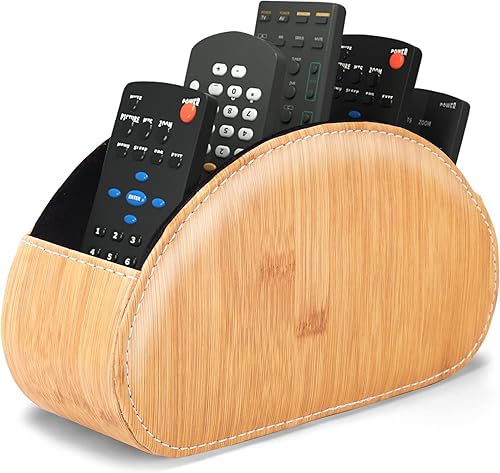 QIELIZI Soporte para control remoto, organizador de escritorio de piel sintética con 5 compartimentos espaciosos para controles remotos de TV,
