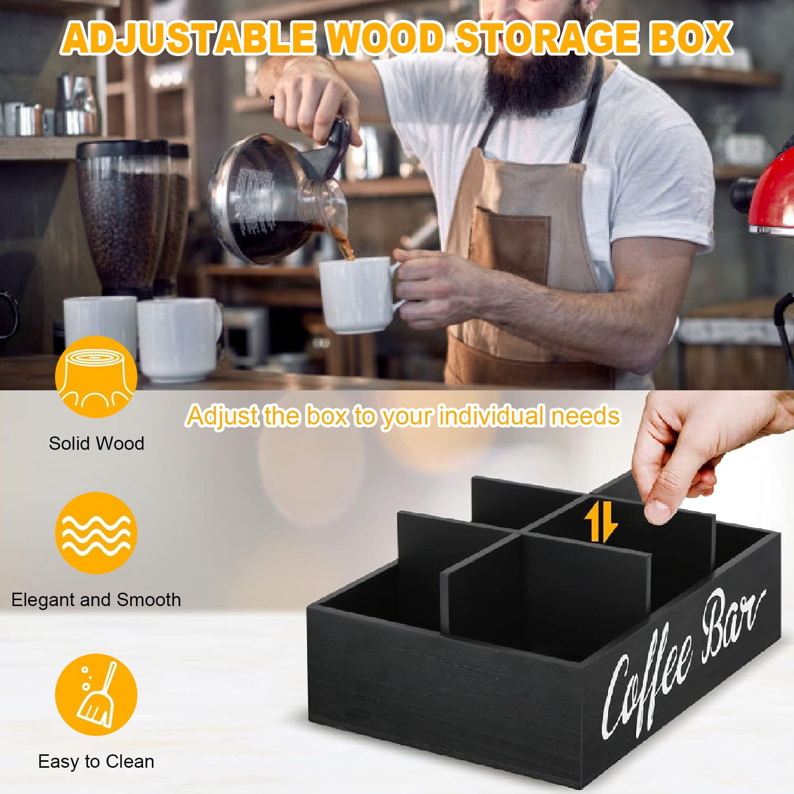 Gsycle Coffee Station Organizer, 6 Divider Wooden Coffee Tray Tea Bar Organizer Tea Caddy Cafe Pod Holder for Home Office Kitchen Countertop (Black)