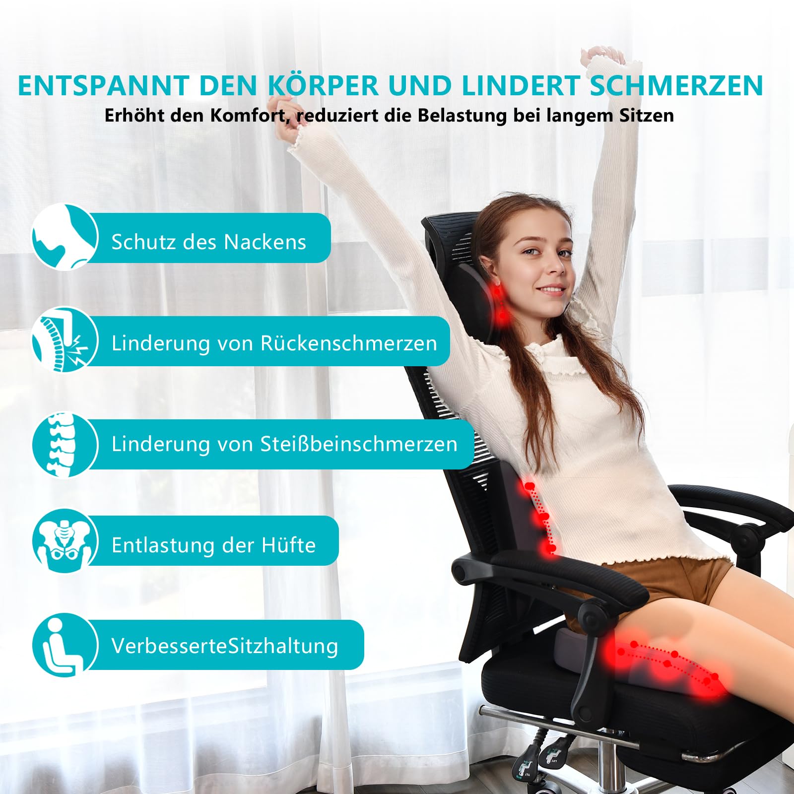 FLORICH Cojín para Asiento de Coche, Cojín Lumbar para Reposacabezas de Coche con Espuma Viscoelástica de Gel Cojín Ergonomisches Sitzkissen für Bürostuhl y Asiento de Coche, Tipo3-Gris