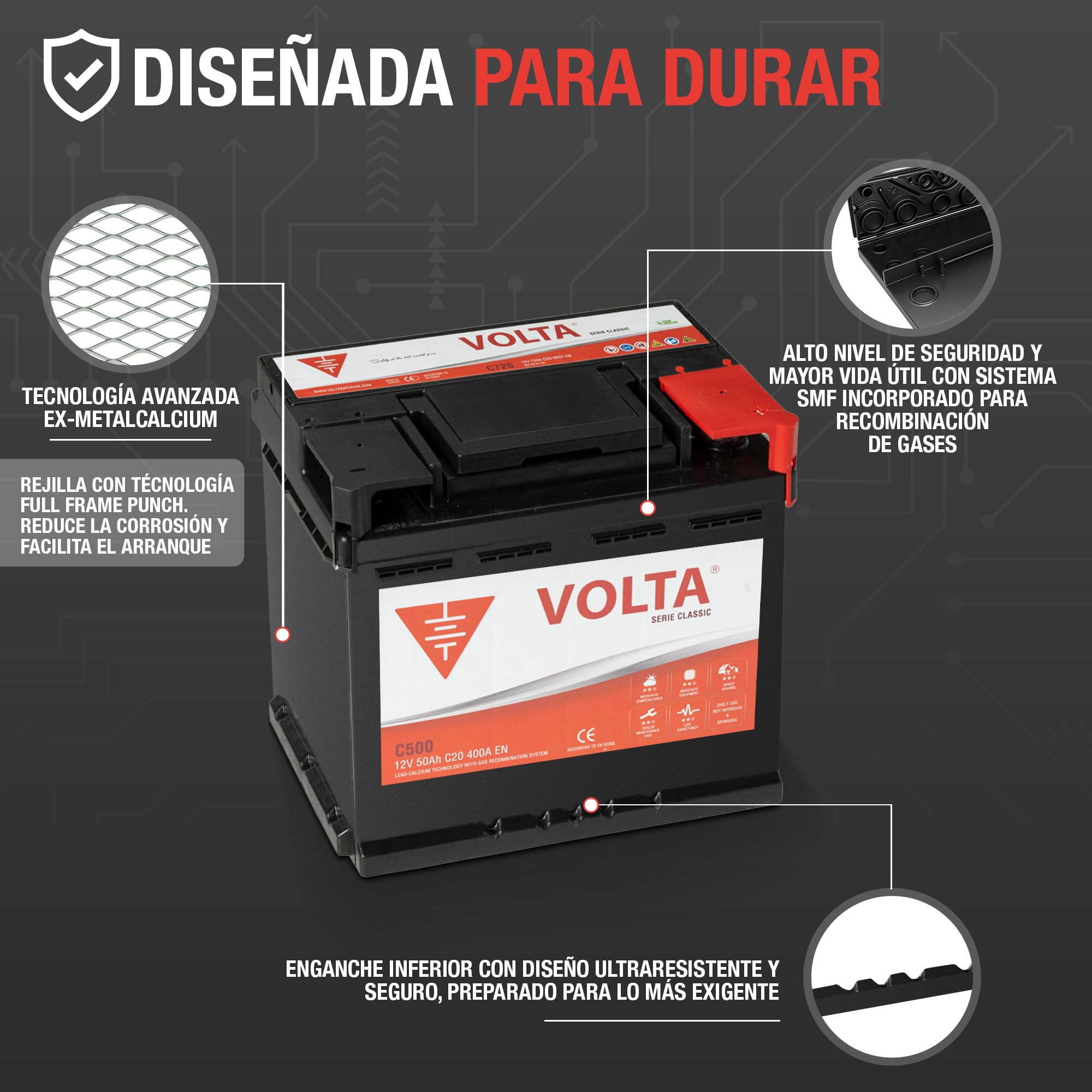 Bateria de Coche 50Ah 400A - Volta Classic C500D - Borne +Dcha - Medidas Largo 207 x Ancho 175 x Alto 190 mm con 2 años de Garantía - Fabricación Europea.