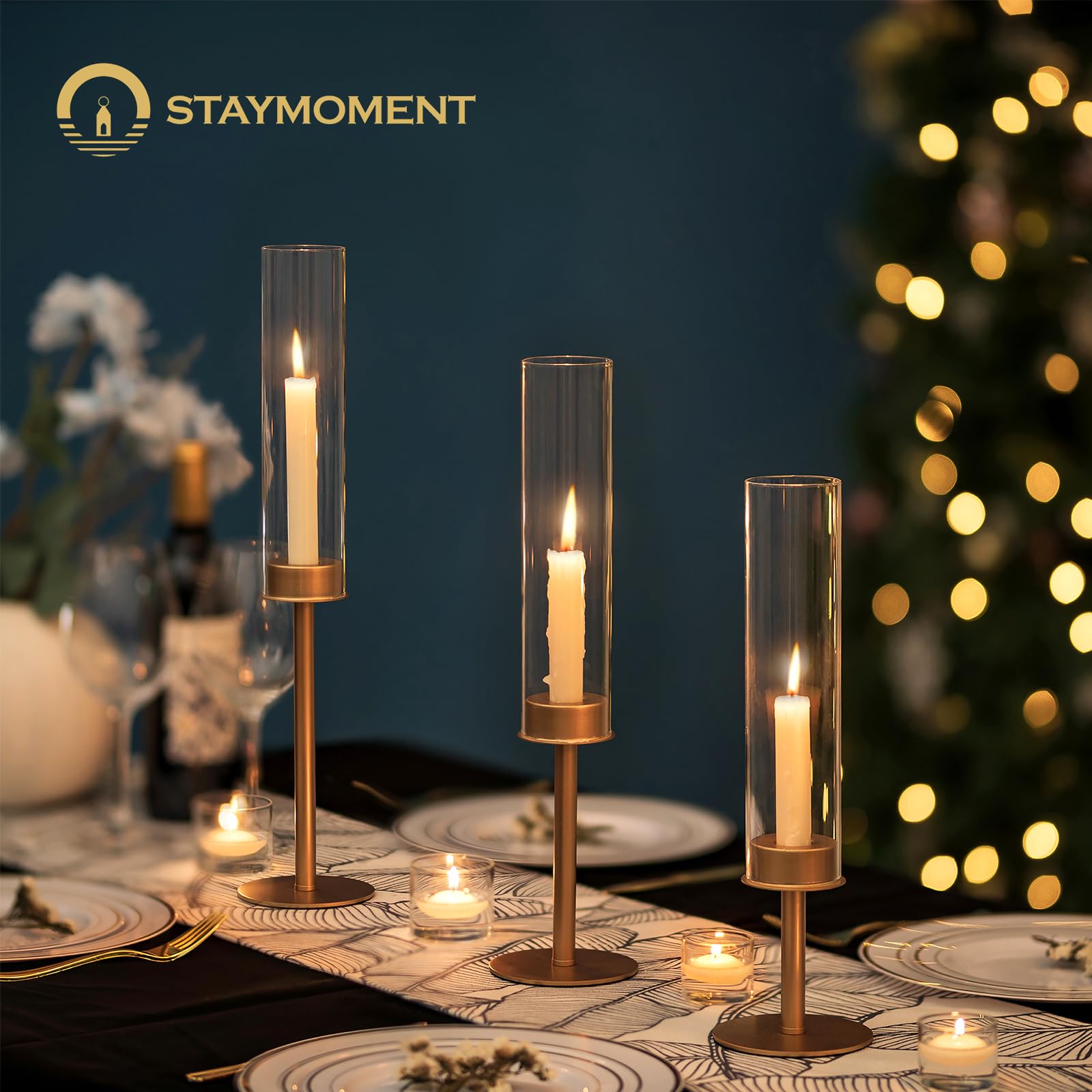 6er Set Stabkerzenhalter Gold, Kerzenständer Glas | für Stabkerzen, Deko Hochzeit, Windlicht, Kerzenhalter mit Glaszylinder, Tischdeko