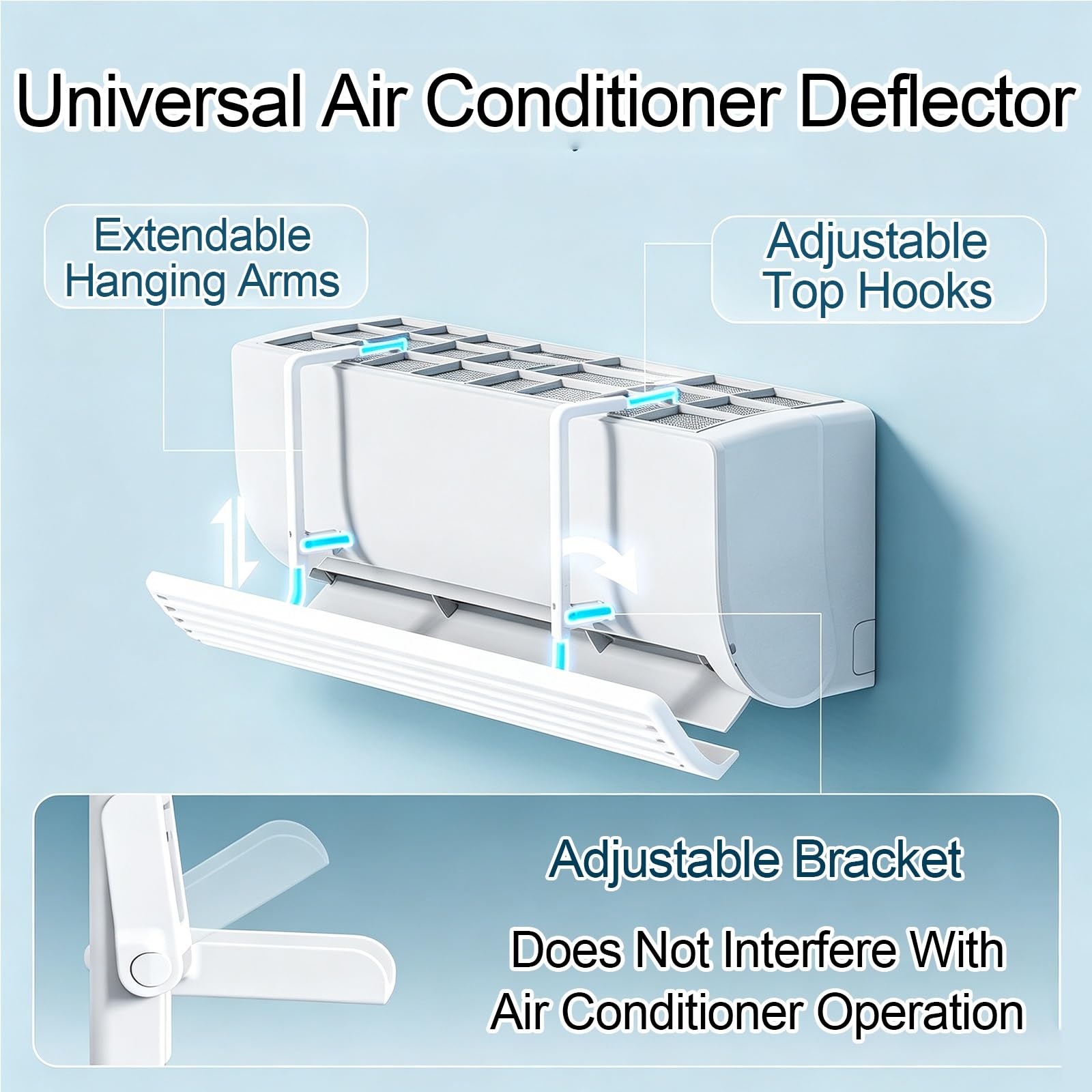 Deflettore Climatizzatore ABS 90x20cm, Pannello Ampio, Evita Getto Diretto | Guida Aria Condizionatore Regolabile, Aletta Inclinata 18°, Gancio Telescopico per Unità Murali