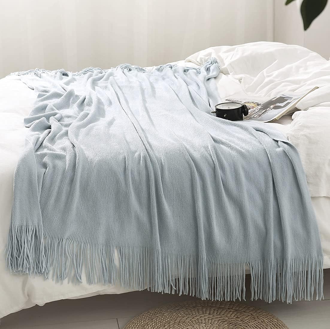 Homiest Decorative Knitted Throw Blanket with Fringe, Lightweight Acrylic Knit Blanket, Soft & Cozy Tassel Blanket for Couch Sofa Bed (Light Blue, 60 x 80 Inch) - Image 3