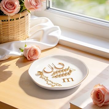 Ceramic Jewelry Tray,Decorative Trinket Dish for Room Decor,Birthday Valentine's Day Mother's Day Graduation Christmas Personalized Gift for Women, 4.75, Gold Rim,Engraved Initial a