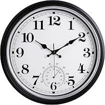 16 Inch Large Outdoor Clock Retro Waterproof Clock Non-Ticking, Black | Indoor/Outdoor Wall Clock with Thermometer, Battery Operated for Pool, Patio, Garden