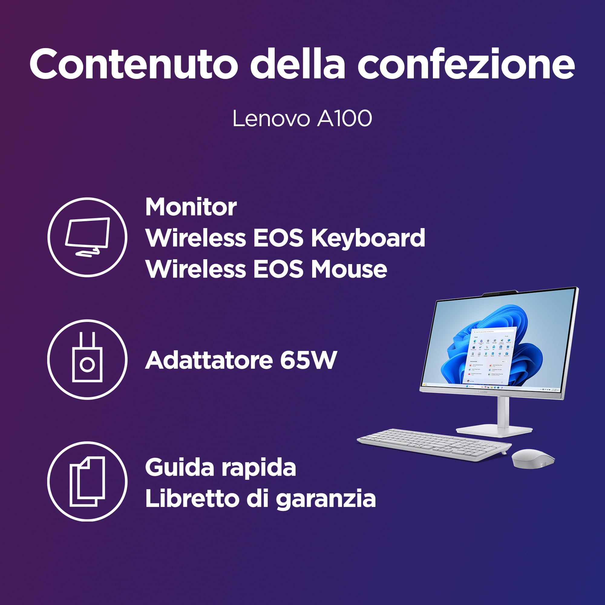 Lenovo A100 All-In-One, Display 24" FHD, Intel N100, 512GB SSD, RAM 16GB, 2Wx2 Audio Speakers, WiFi 6, Windows 11 Home, Tastiera + Mouse Wireless - Cloud Grey