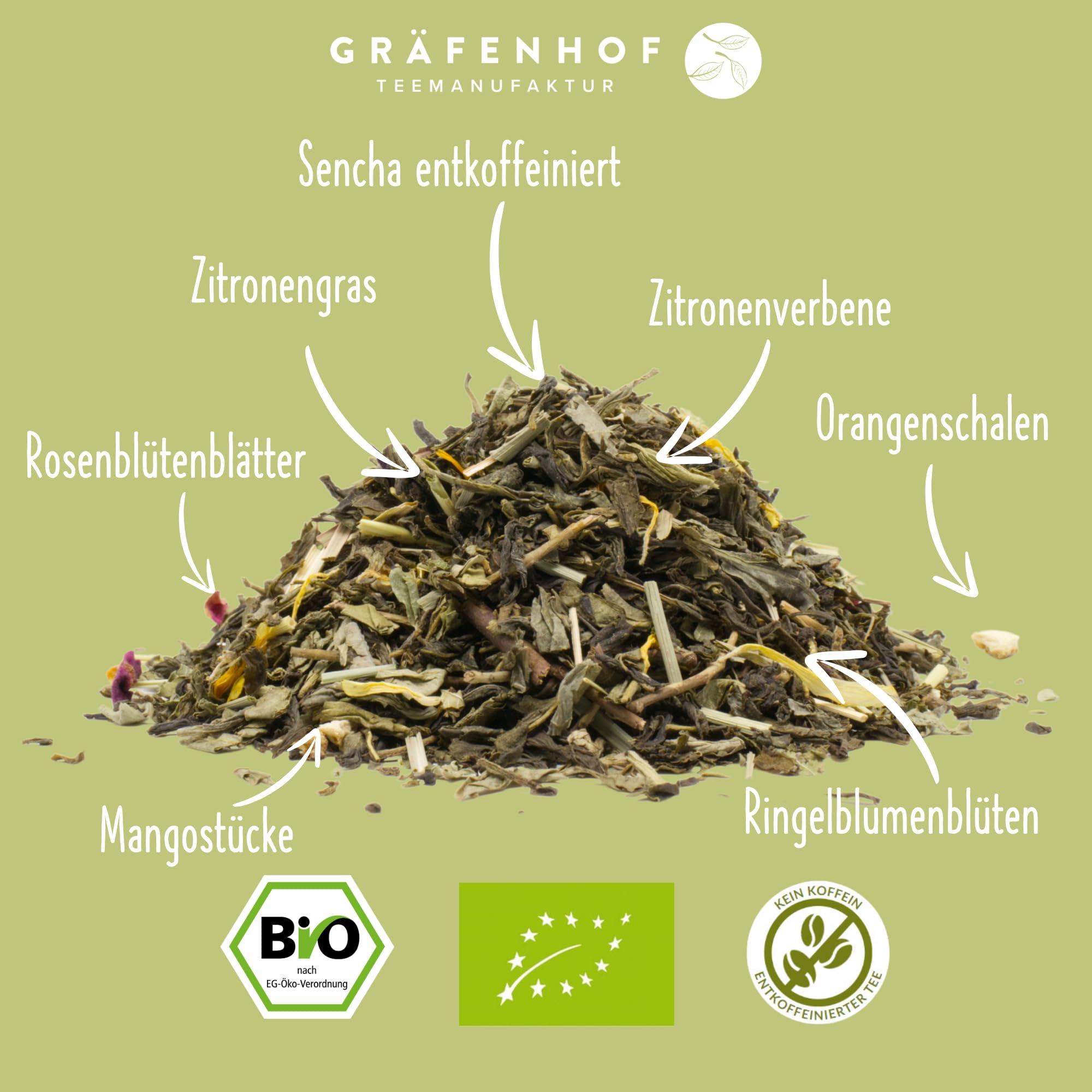 Gräfenhof Mango Rose (entkoffeiniert) Grüner Tee Bio, 300g (3x 100g) loser Tee mit Grüner Tee Sencha entkoffeiniert & Zitronengras, entkoffeiniert, Premium Qualität, in DE abgefüllt