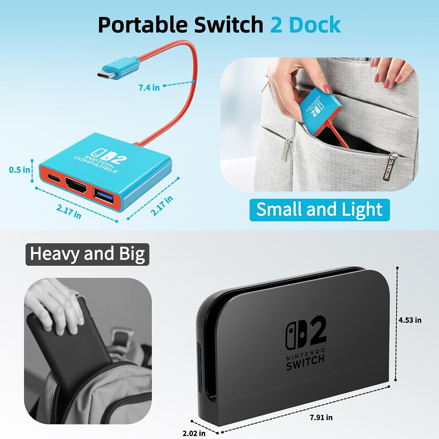 JORREP Switch 2 Dock,Upgrated Docking Station for Nintendo Switch, Portable Travel/TV Dock Adapter, Support 4K/60HZ TV Mode, HDMI 2.0/PD 100W/USB 3.0 Port