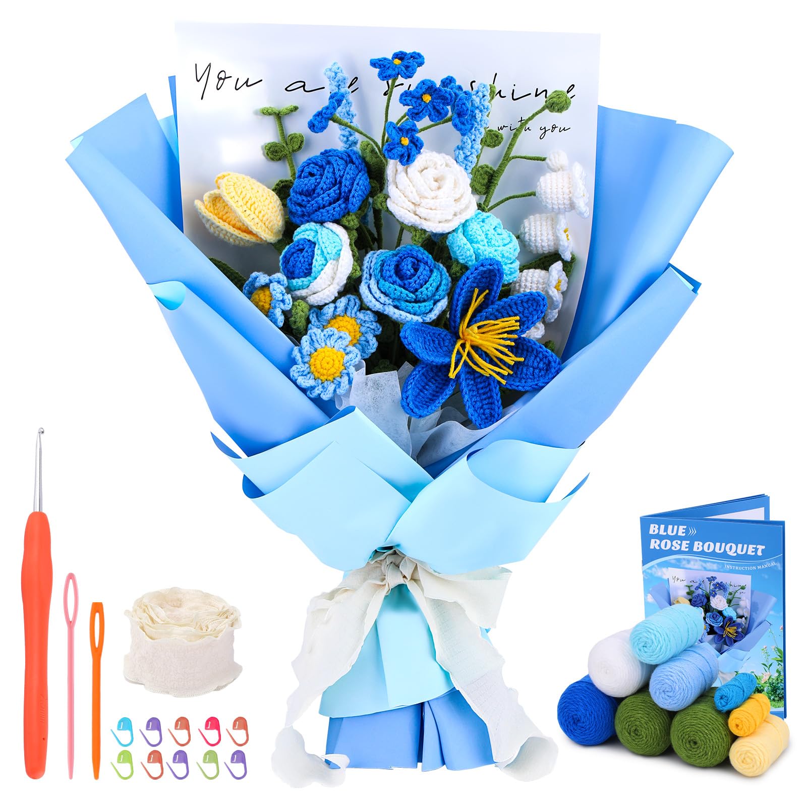 ENCHOL Crochet Kit for Beginners Adults Blue Rose Bouquet Beginner Crochet Kit