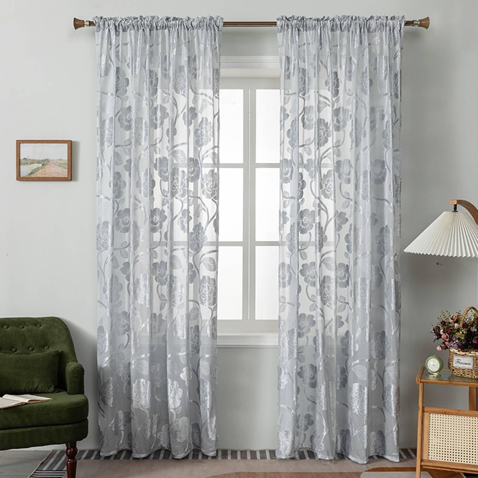 Voilage semi-transparent haut de gamme Beydodo rideau de salon jacquard floral gris