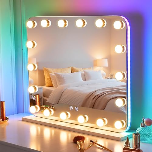 Miniatura 10 de LUXFURNI Espejo de tocador con luces, espejo grande de Hollywood de 31.5 x 23.6 pulgadas, espejo de maquillaje iluminado con 24 bombillas