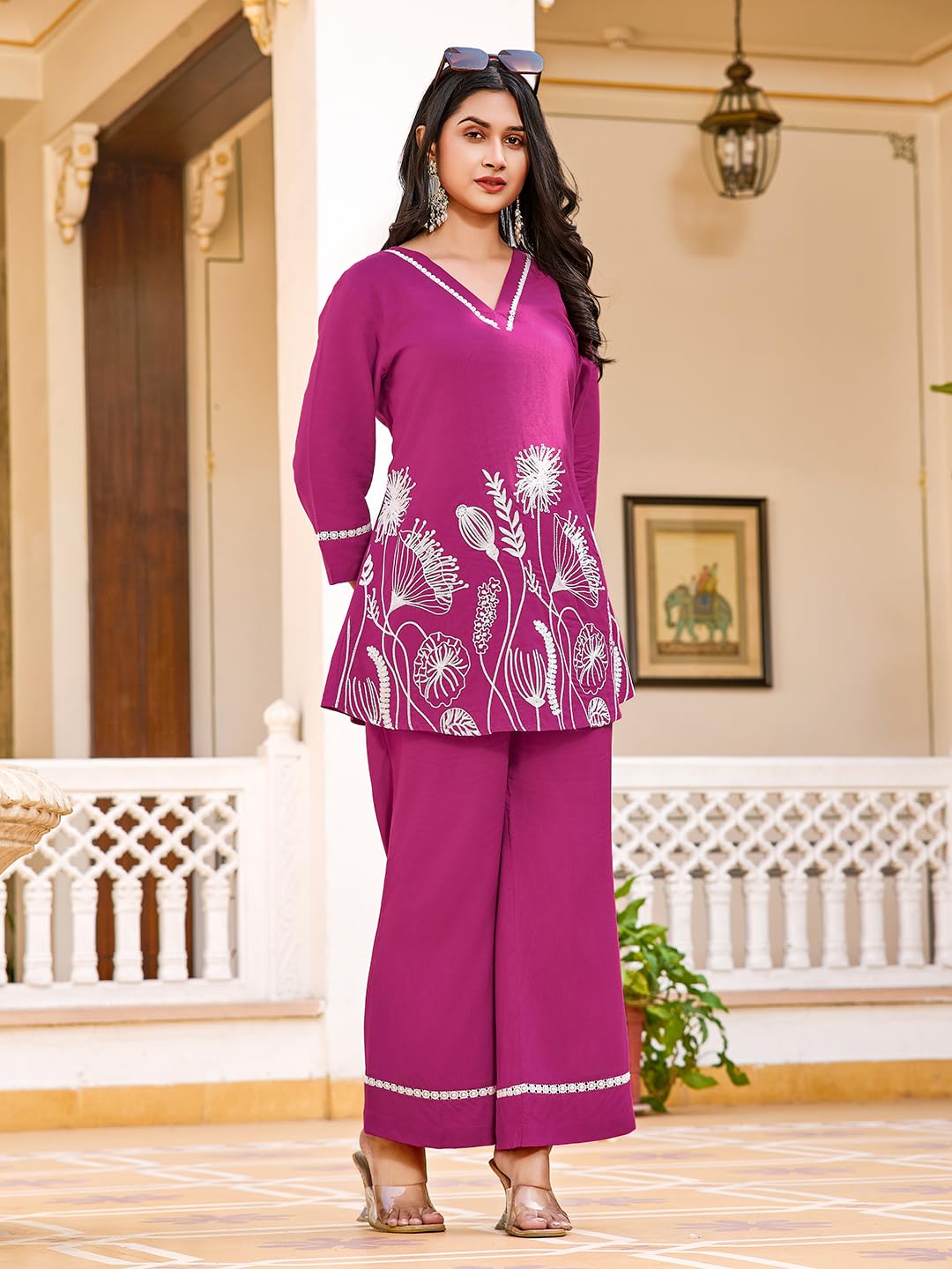 VIBE VISION 2-Piece Women's Co-ords Set - Viscose Rayon V-Neck 3/4 Sleeve Regular Fit Casual Shirt & Trousers Embroidered Design (RANI, L) 2